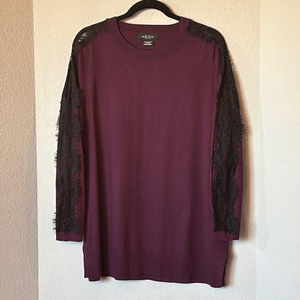 Purple Lace Sleeve Tunic Sweater Lightweight Knit Plus 1X